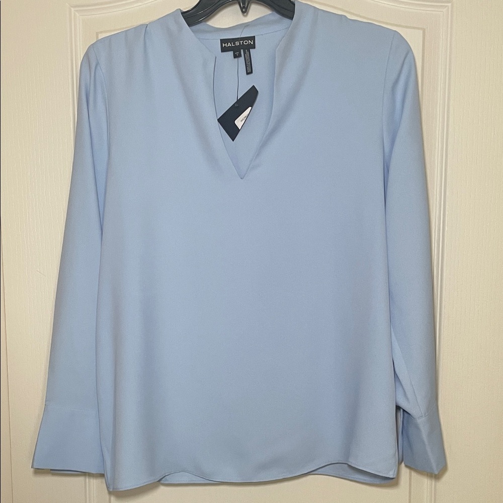 Halston Sky Blue V-Neck Blouse sz L